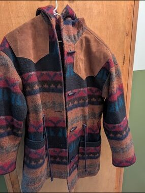 Patterned Hooded Toggle Puffer Coat in Brown/Multi